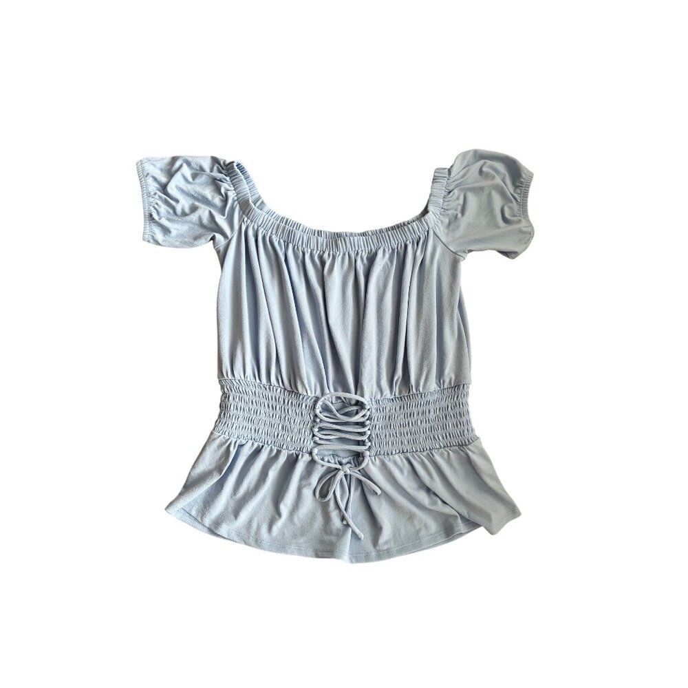 NWT Express Off-Shoulder Top Lace-Up Baby Blue‎ Smocked Waist Size Medium Blouse - Picture 12 of 13